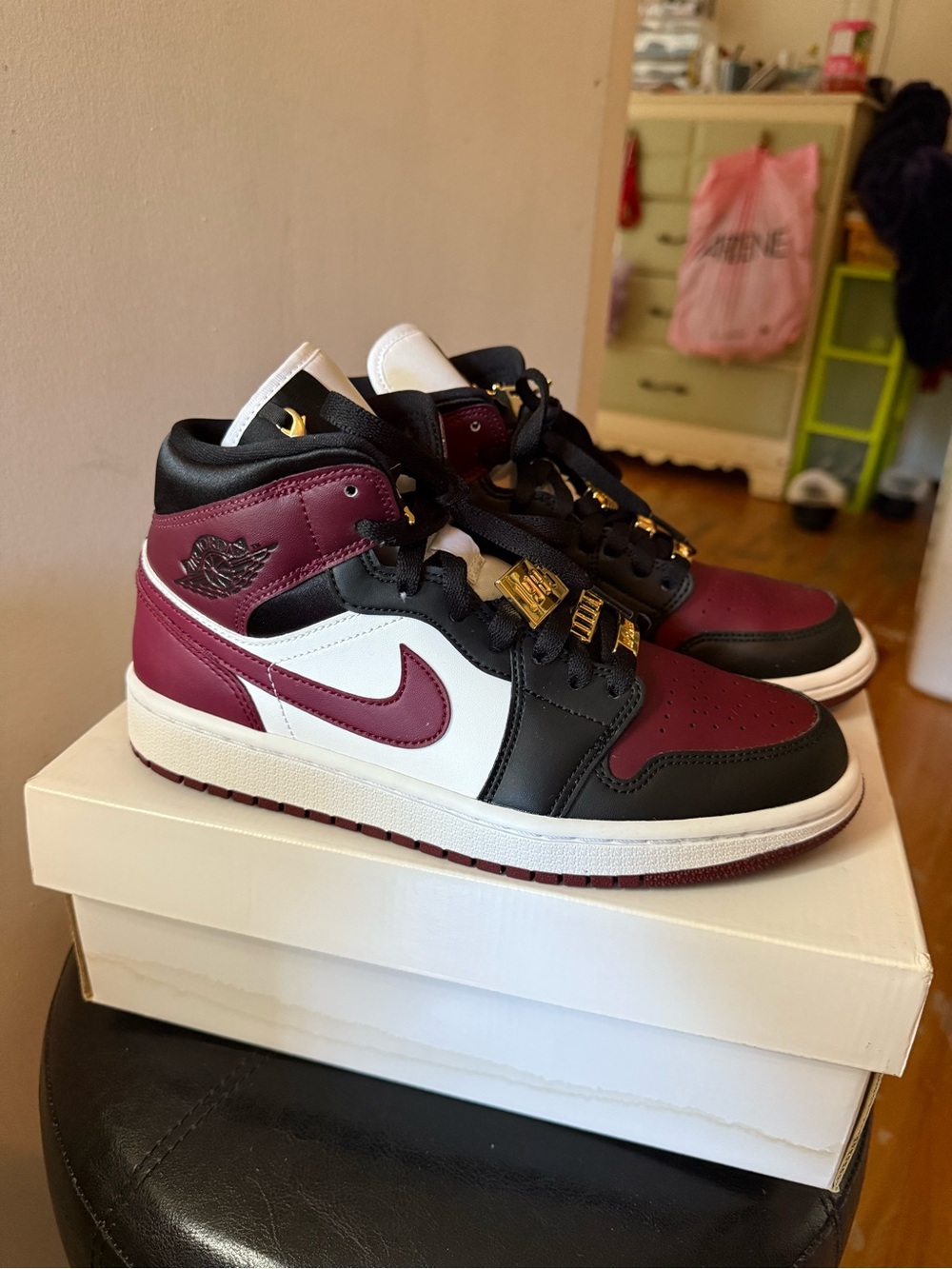 Women’s Air Jordan 1 Mid SE in Dark Beetroot with Gold Pendants